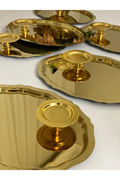 Elzemm store 25 CM Oval Tray and Gold Macaron Holder Set of 6 - 2 Models