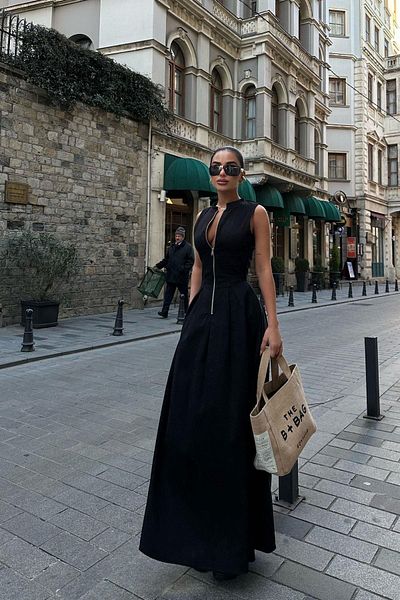 FMN Moda mâneci zero detaliu fermoar mare încadrat în talie fustă cu tăietură largă țesătură de in rochie echivalentă pinterest