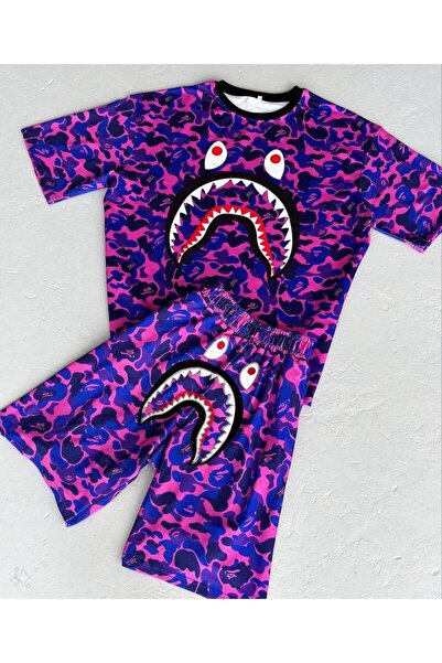 MHM FASHİON Bape Embroidered 2 Thread Cotton Unisex Youth + Children's Shorts Set