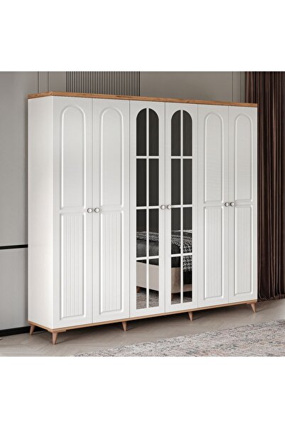 GuneyStore Ücretsiz Montaj! Komple Mdf Bohem 6 Kapaklı Aynalı Gardırop