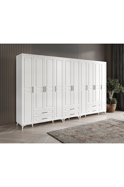 GuneyStore Ücretsiz Montaj Komple MDF Gözde 10 Kapaklı Beyaz Gardırop