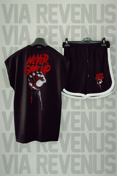 Vordevia Black Sports T-shirt and Shorts Set - Never Give Up, Back Print, Zero Sleeve, Crew Neck