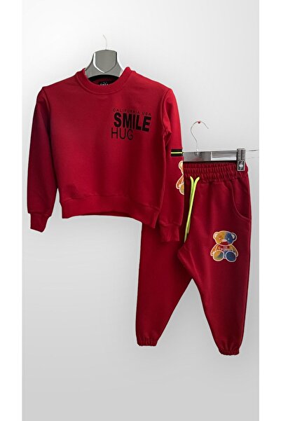 THE KOGO Çocuk Kırmızı Cepli Neon Ayıcık Baskılı %100 Pamuk Yazılı Eşofman Takımı