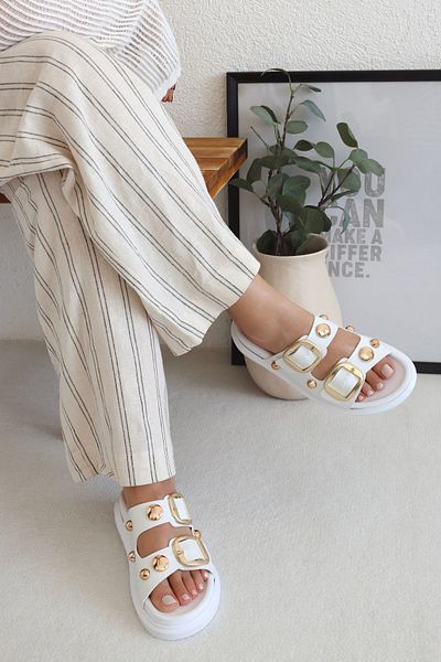 POLKA STORE Papuci de damă Glamour cu dungi duble, cu cataramă aurie, confort zilnic