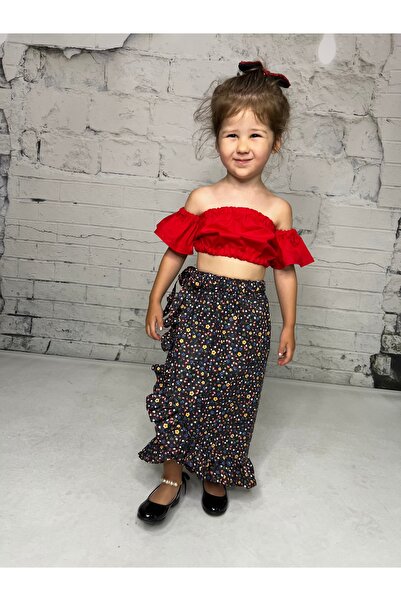 NA ADDESIGN Floral Patterned Crop Skirt and Blouse Set for Girl - Long Skirt