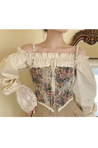 ARDSU Bustieră cu corset cu dantelă în față cu imprimeu floral vintage francez