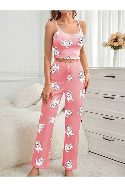 AURA Női pántos hosszú pizsama szett PinkCat6