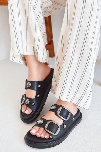 POLKA STORE Papuci de damă Glamour cu dungi duble, cu cataramă aurie, confort zilnic