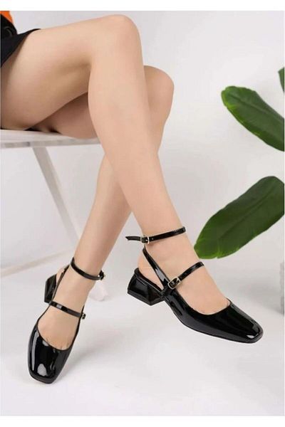 Demashoes Mary Jane Black Patent Leather Open Back Square Toe Short Block Heeled Shoes