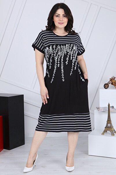 Kheos Ριγέ μαύρο φόρεμα με φλοράλ συνδυασμό