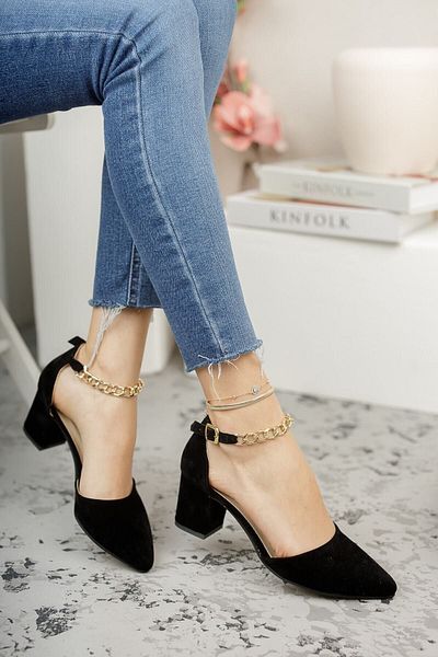 Demashoes Pantofi clasici cu toc cu lanț de gleznă din piele intoarsa neagra