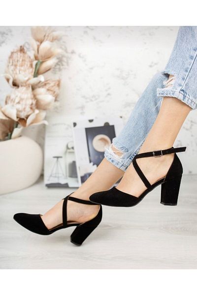 Demashoes Pantofi cu toc clasic din piele intoarsa neagra de dama