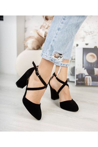 Demashoes Pantofi cu toc clasic din piele intoarsa neagra de dama