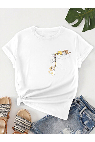 coolart Tricou alb cu imprimeu cu pisici, supradimensionat - Mânecă scurtă, d...