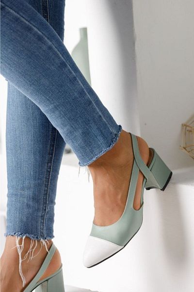 Demashoes Pantofi cu toc joasă, verde mentă, cu vârf alb