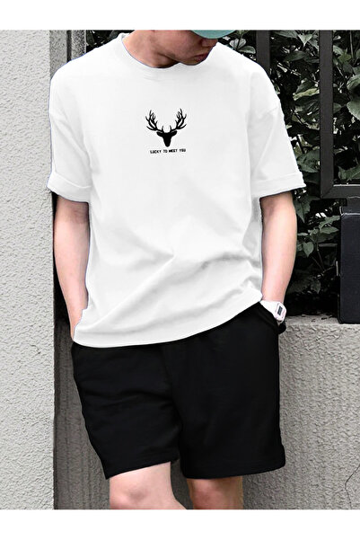 coolart Lucky Deer - طقم تي شيرت وشورت أبيض أسود، رقبة دائرية مطبوعة