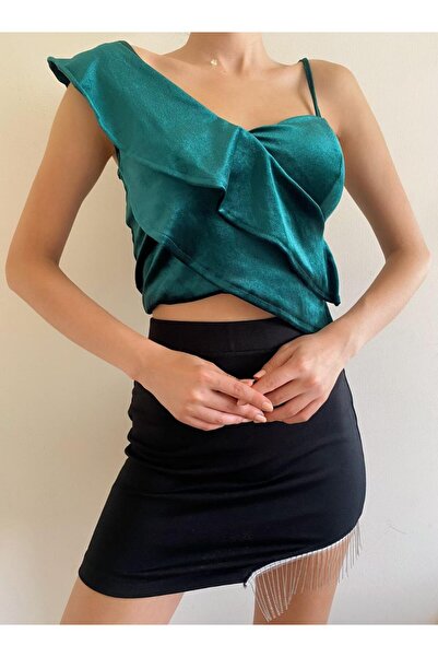 Jose Clothing Smaragdno zelena Somot ženska bluza Skraćeni kroj