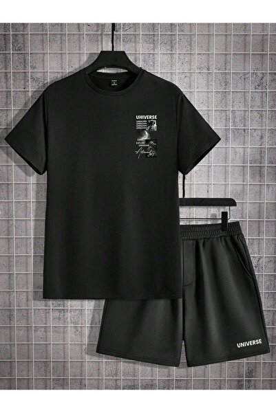coolart Universe Unknown - تي شيرت أسود برقبة دائرية وسروال قصير