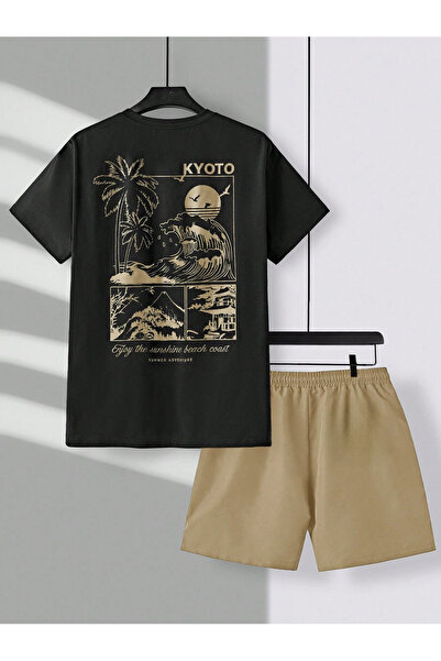coolart كيوتو بيتش - تي شيرت أسود بيج وشورت مطبوع برقبة دائرية