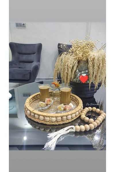 GLSTN By Bohostore Διακοσμητικός δίσκος με χάντρες 35 εκ., Ψάθινος δίσκος με χάντρες, Διακοσμητικό καλάθι