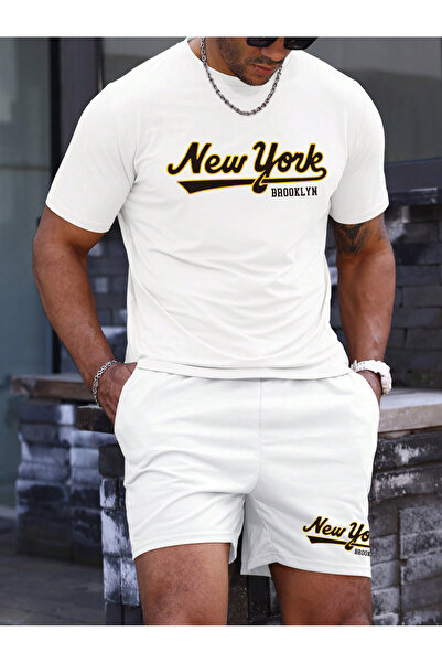 coolart Set tricou și pantaloni scurți alb cu imprimeu Brooklyn - Decolteu ti...