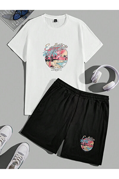 SeusCraft Endless Summer - Set tricou și pantaloni scurți alb-negru, cu impri...