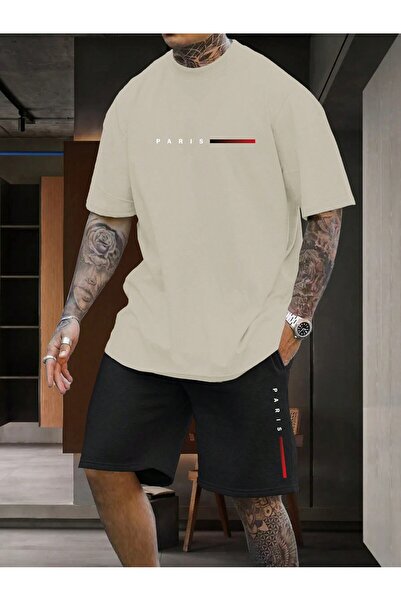 SeusCraft Μπεζ Μαύρο Παριζιάνικο T-Shirt και Σορτς με Απαλές Ρίγες - Συνδυασμ...