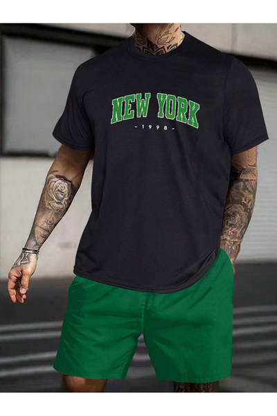coolart طقم تي شيرت وشورت نيويورك 1998 - أسود أخضر نفتي، رقبة دائرية مطبوعة