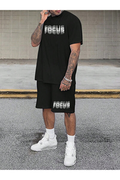 coolart Σετ μαύρο μπλουζάκι και σορτς Focus Design - Με στάμπα και λαιμόκοψη ...