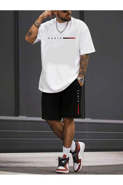 coolart Set tricou și pantaloni scurți alb-negru cu imprimeu Paris - Decolteu...