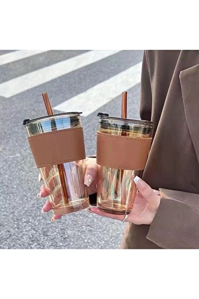 BLUE SİDE 450ml Isıya Dayanıklı Pipetli Borosilikat Retro Deri Şeritli Bardak | Kahve Sunum Bardağı - 1 Adet