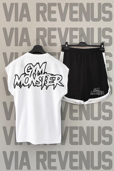 Vordevia Gym Monster White αθλητικό μπλουζάκι και μαύρο αθλητικό σορτς - μηδενικό μανίκι, λαιμόκοψη