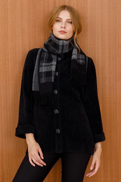 Desen Triko Women's Three Color Plaid Pure Wool Scarf 02421140 Black