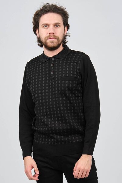Çizgi Triko Men's Pocket Detailed Polo Neck Patterned Sweater 42544216 Black