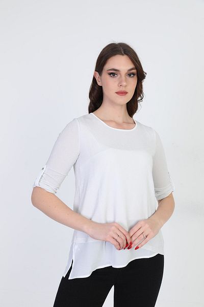 ELLA CAMELIA Women's Asymmetrical Tulle Detailed Blouse 042 Ecru