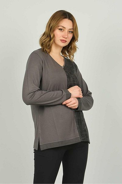 Detay Triko Women's V-Neck Patterned Long Sleeve Blouse 4552 Gray