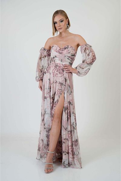 Carmen Women's Strapless Slit Printed Evening Dress 58301 Powder