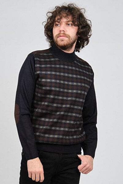 Pelikan Чоловічий светр з візерунком на ліктях і піврукавами 1577709 Синій