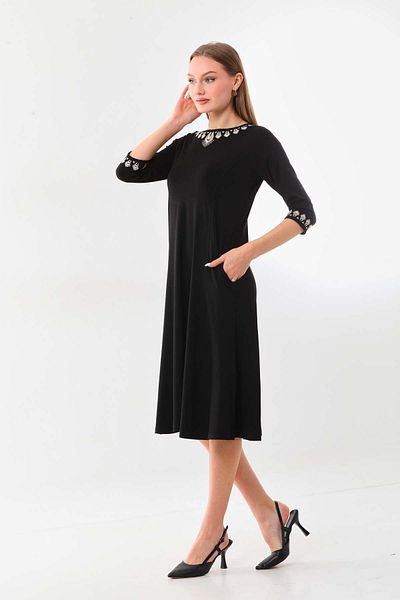 Sistas Women's Embroidered Sleeves and Collar Midi Dress 23450 Black