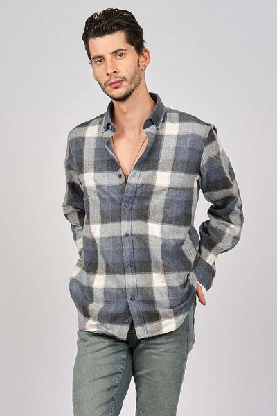 De Leone Men's Striped Long Sleeve Wool Finished Shirt 0171101 Ecru