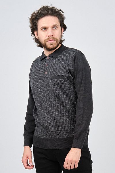 Çizgi Triko Men's Pocket Detailed Polo Neck Patterned Sweater 42544226 Melange Navy Blue