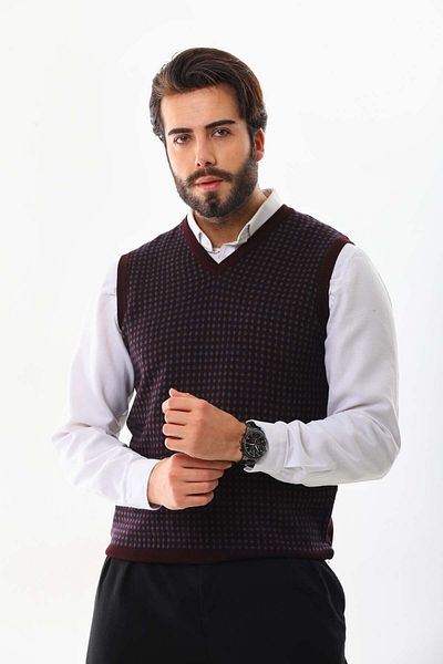 Pelikan Men's V-Neck Patterned Wool Sweater 4P17 Claret Red