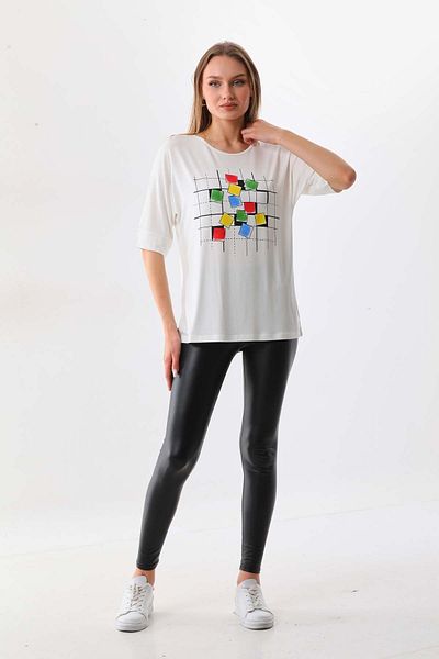 Sistas Women's Square Patterned Short Sleeve Blouse 23098 Ecru