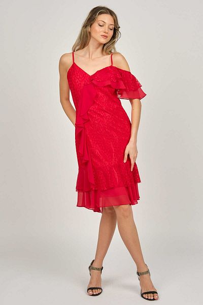 Pierre Cardin Women's Rope Strap Ruffle Detailed Evening Dress 5816858 Red