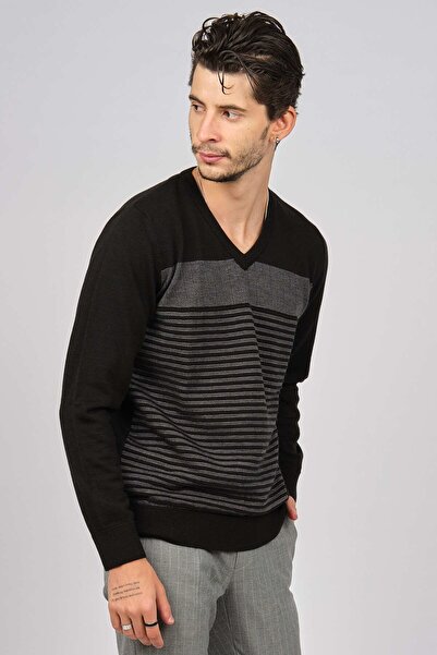 Desen Triko Ανδρικό μάλλινο πουλόβερ με σχέδιο V λαιμόκοψη 0249640 Μαύρο