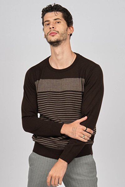 Desen Triko Ανδρικό μάλλινο πουλόβερ με λαιμόκοψη 0249639 καφέ