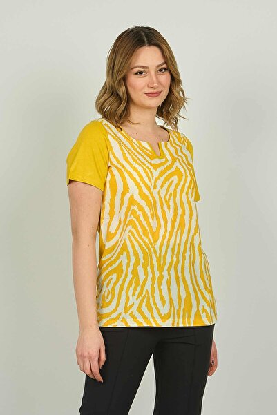 ELLA CAMELIA بلوزة نسائية بأكمام قصيرة بنمط الحمار الوحشي 20E016 أصفر
