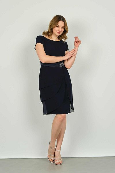 Vals Women's Half Sleeve Accessory Detailed Araboy Chiffon Evening Dress 22-176 Navy Blue