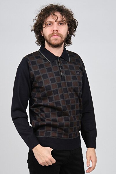 Pelikan Чоловічий светр з коміром-поло з малюнком 1577428 Темно-синій