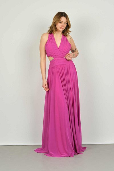 ŞEREF VURAL Women's V-Neck Chain Accessory Backless Tulle Evening Dress 8222 Fuchsia